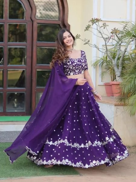 Georgette Embroidered Semi Stitched Purple Lehenga Choli Lehenga