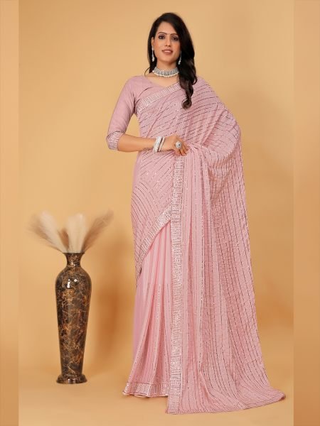 Georgette Embroidered Sequinns Work Pink Saree Designer Sarees