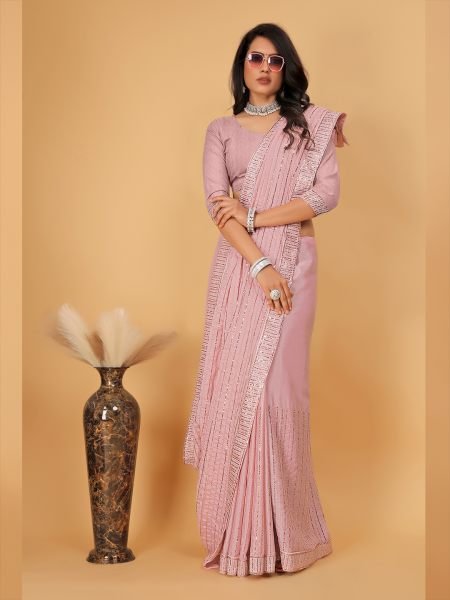 Georgette Embroidered Sequinns Work Pink Saree Designer Sarees
