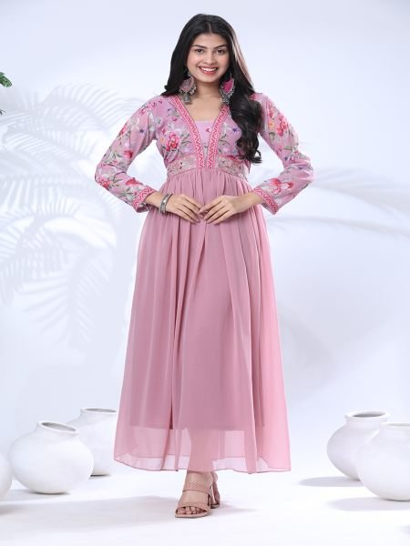 Georgette Embroidery Flared Pink Gown Gown