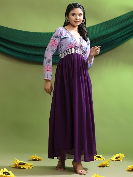 Georgette Embroidery Flared Purple Gown Gown
