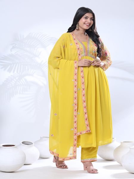 Georgette Embroidery With Sequence A line Yellow Kurta Set Kurta Sets