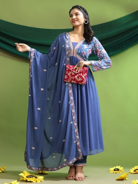 Georgette Embroidery With Sequence A line Blue Kurta Set Kurta Sets