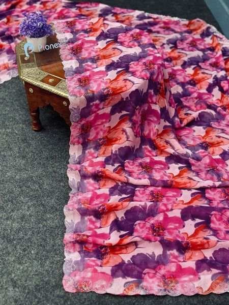 Georgette Floral Print Saree with Swarovski Work Border Daily Deals