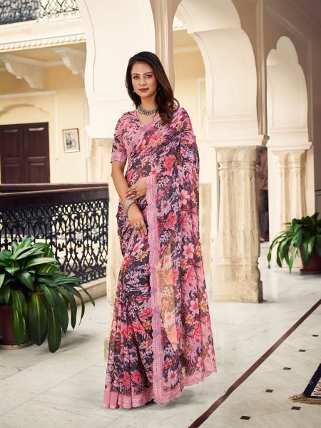Georgette Floral Printed Fix Diamond Work Peach Saree Printed Sarees