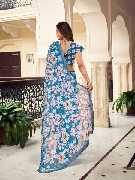 Georgette Floral Printed Fix Diamond Work Sky Blue Saree Designer Sarees