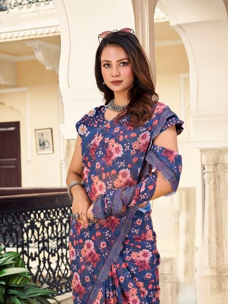 Georgette Floral Printed Fix Diamond Work Blue Saree Designer Sarees