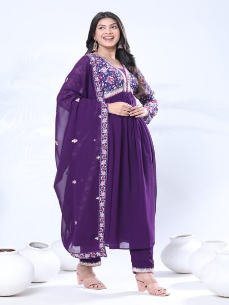 Georgette Embroidery With Sequence A line Purple Kurta Set Kurta Sets