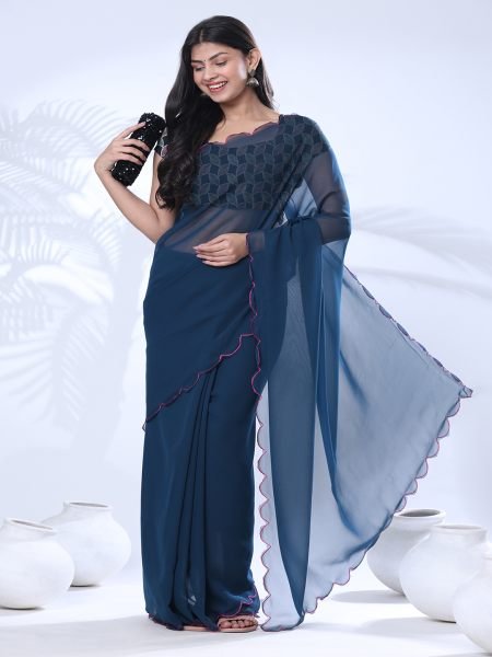Georgette Scallop Border Rama Saree With Embroidery Blouse Sale