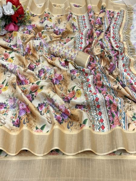 Gold Cotton Silk Handloom Printed Saree with Tassel Border Pallu Sale
