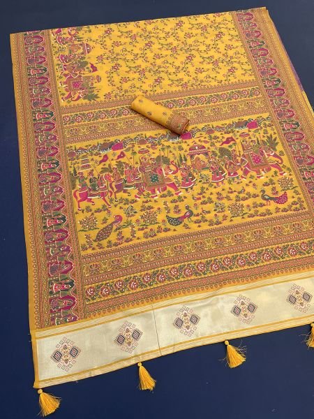 Gold Floral Printed Woven Zari Pashmina Saree Sale
