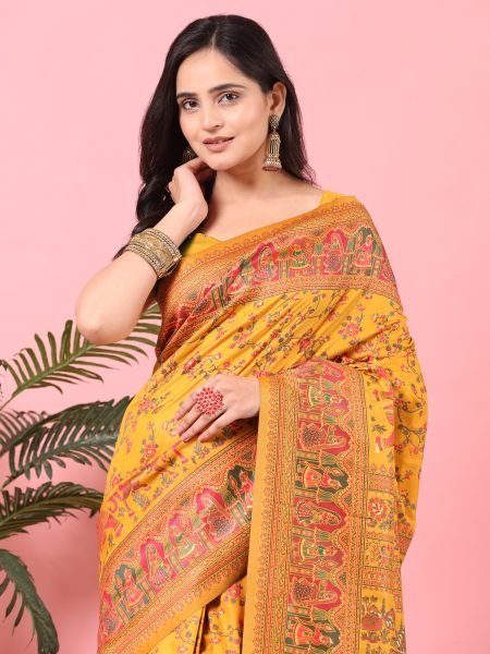 Gold Floral Printed Woven Zari Pashmina Saree Sale