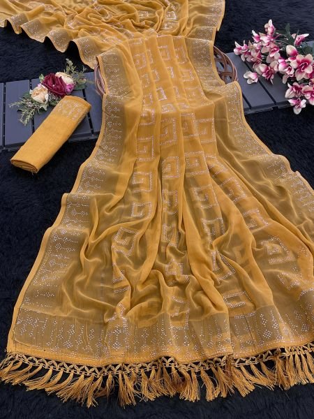 Gold Georgette Swarovski Diamond Work Saree Sale