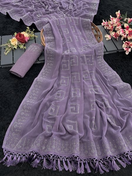Lavender Georgette Swarovski Diamond Work Saree Saree