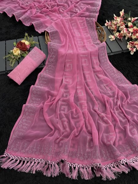 Pink Georgette Swarovski Diamond Work Saree Sale