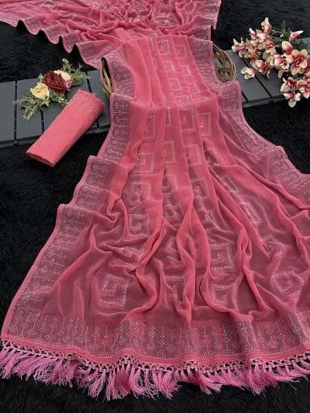 Red Georgette Swarovski Diamond Work Saree Sale