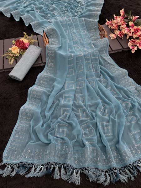 Sky Gold Georgette Swarovski Diamond Work Saree Sale