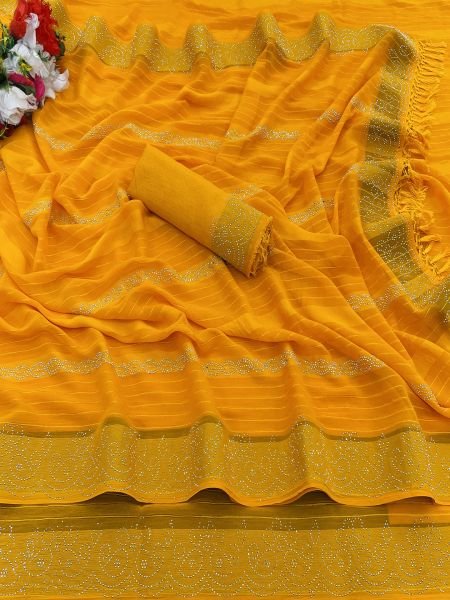 Gold Georgette Swarovski Diamond Work Saree Sale