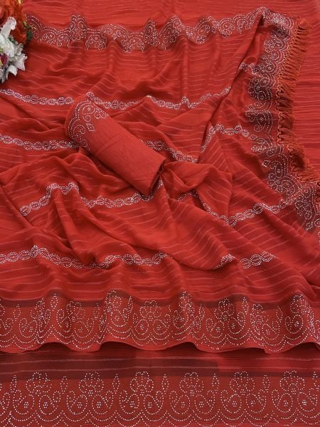 Red Georgette Swarovski Diamond Work Saree Sale