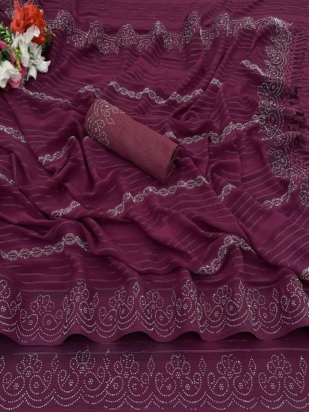Wine Georgette Swarovski Diamond Work Saree Sale