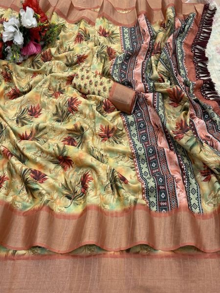 Gold Maroon Cotton Silk Handloom Printed Saree with Tassel Border Pallu Sale