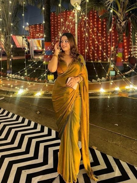 Gold   Rama Two Tone Soft Fancy Chiffon Silk Saree Designer Sarees
