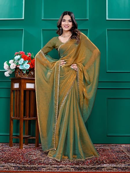 Gold   Rama Two Tone Soft Fancy Chiffon Silk Saree Designer Sarees