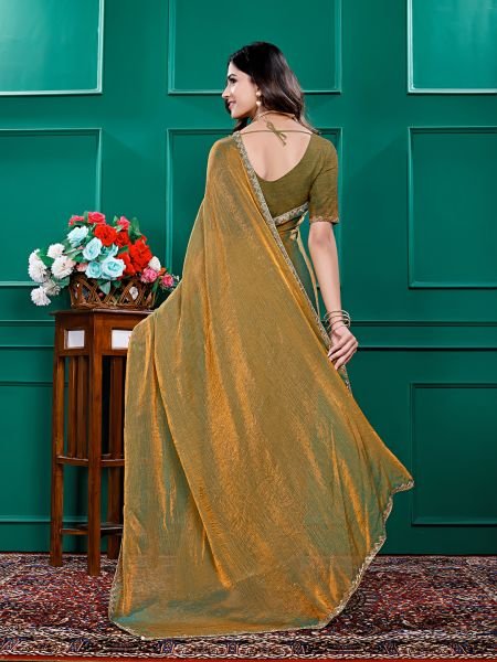 Gold   Rama Two Tone Soft Fancy Chiffon Silk Saree Designer Sarees