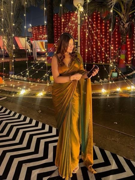 Gold   Rama Two Tone Soft Fancy Chiffon Silk Saree Designer Sarees