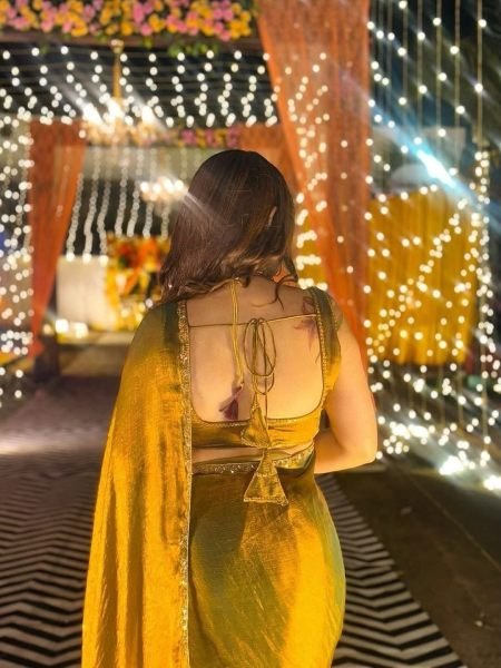 Gold   Rama Two Tone Soft Fancy Chiffon Silk Saree Designer Sarees