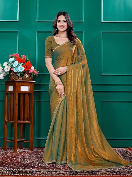 Gold   Rama Two Tone Soft Fancy Chiffon Silk Saree Designer Sarees