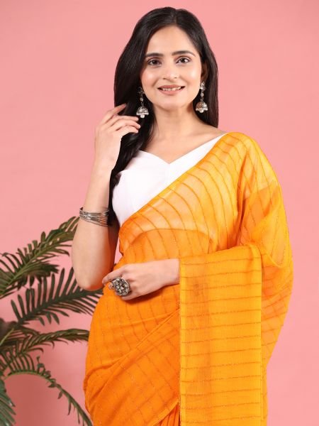 Gold Ready To Wear Chiffon Zari Linen Saree Sale
