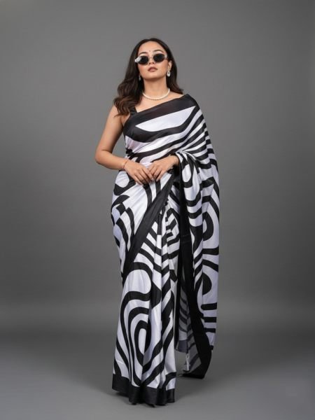 Graphic Print Satin Silk Saree in Black   White with Solid Border Printed Sarees