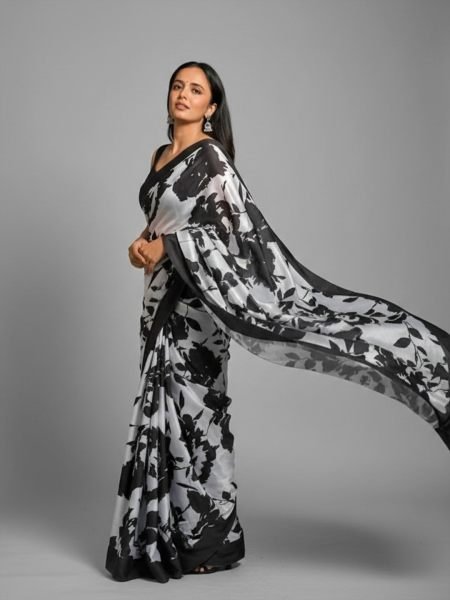 Graphic Print Satin Silk Saree in Black   White with Solid Border Daily Deals