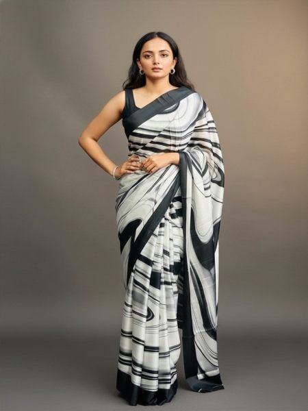 Graphic Print Satin Silk Saree in Black   White with Solid Border Daily Deals