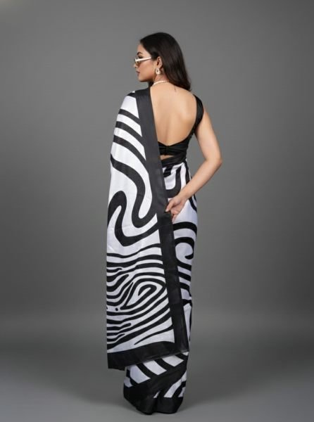 Graphic Print Satin Silk Saree in Black   White with Solid Border Printed Sarees