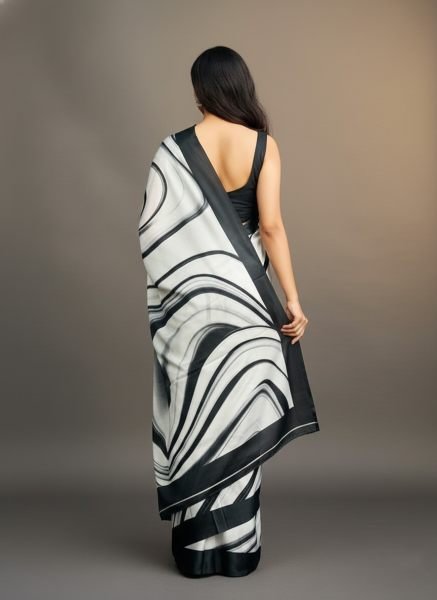 Graphic Print Satin Silk Saree in Black   White with Solid Border Printed Sarees