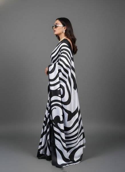 Graphic Print Satin Silk Saree in Black   White with Solid Border Printed Sarees