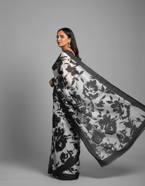 Graphic Print Satin Silk Saree in Black   White with Solid Border Printed Sarees
