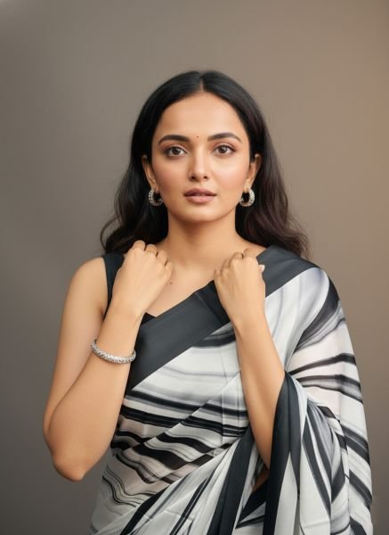 Graphic Print Satin Silk Saree in Black   White with Solid Border Printed Sarees