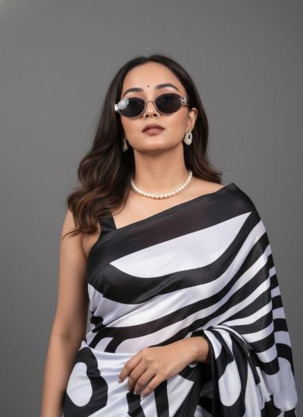 Graphic Print Satin Silk Saree in Black   White with Solid Border Printed Sarees