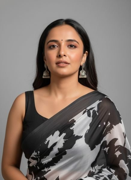 Graphic Print Satin Silk Saree in Black   White with Solid Border Printed Sarees