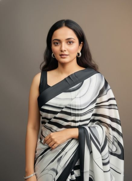 Graphic Print Satin Silk Saree in Black   White with Solid Border Printed Sarees