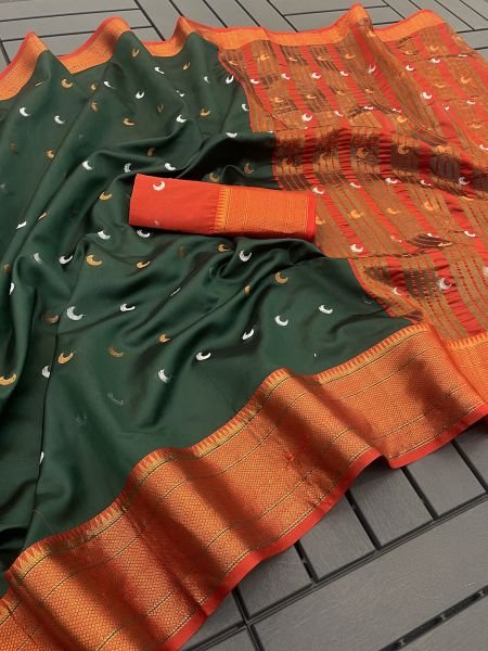 Green Banarasi festive wear saree made of cotton  silk  and jacquard Sale