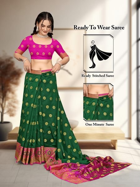 Green Ready To Wear Cotton Silk Woven Zari Jacquard Banarasi Traditional Saree Sale