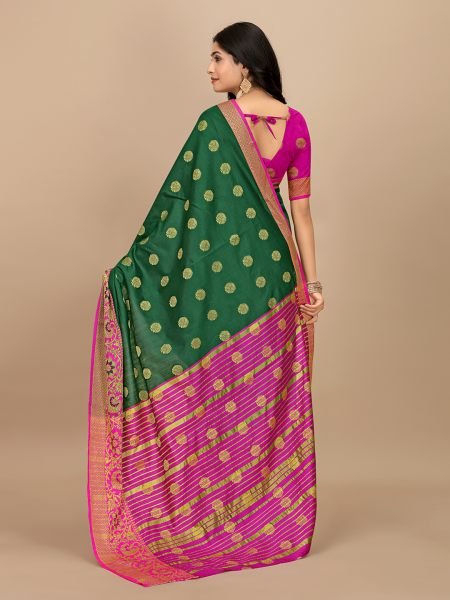 Green Ready To Wear Cotton Silk Woven Zari Jacquard Banarasi Traditional Saree Banarasi Sarees