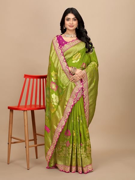 Green Dola Silk Kanjivaram Saree with Jacquard Work and Embroidered Lace Border Kanjivaram Sarees
