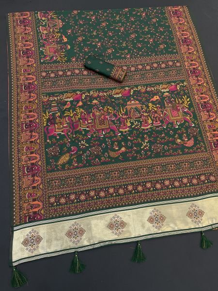 Green Floral Printed Woven Zari Pashmina Saree Sale