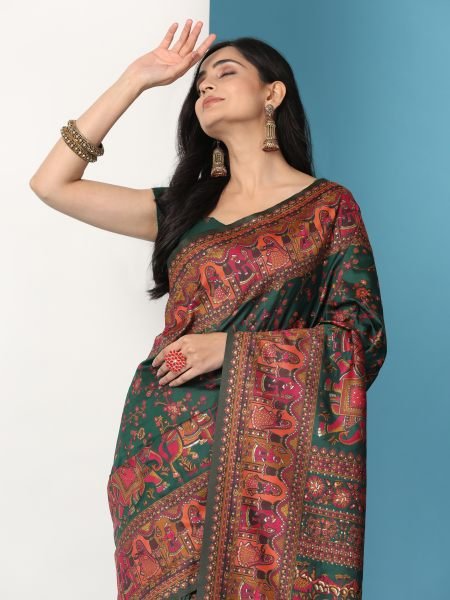 Green Floral Printed Woven Zari Pashmina Saree Sale