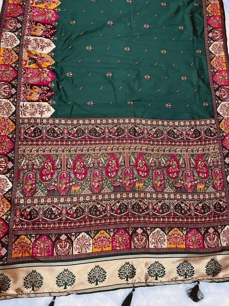 Green Floral Printed Woven Zari Pashmina Saree Sale